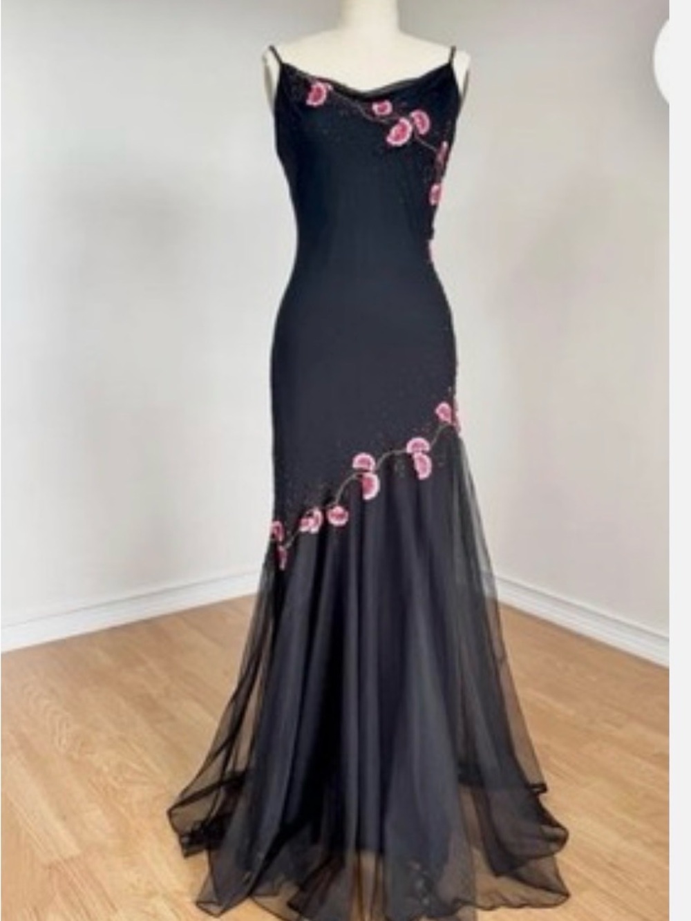 Elegant Black Prom Gown with Pink Floral Embroidery y2k